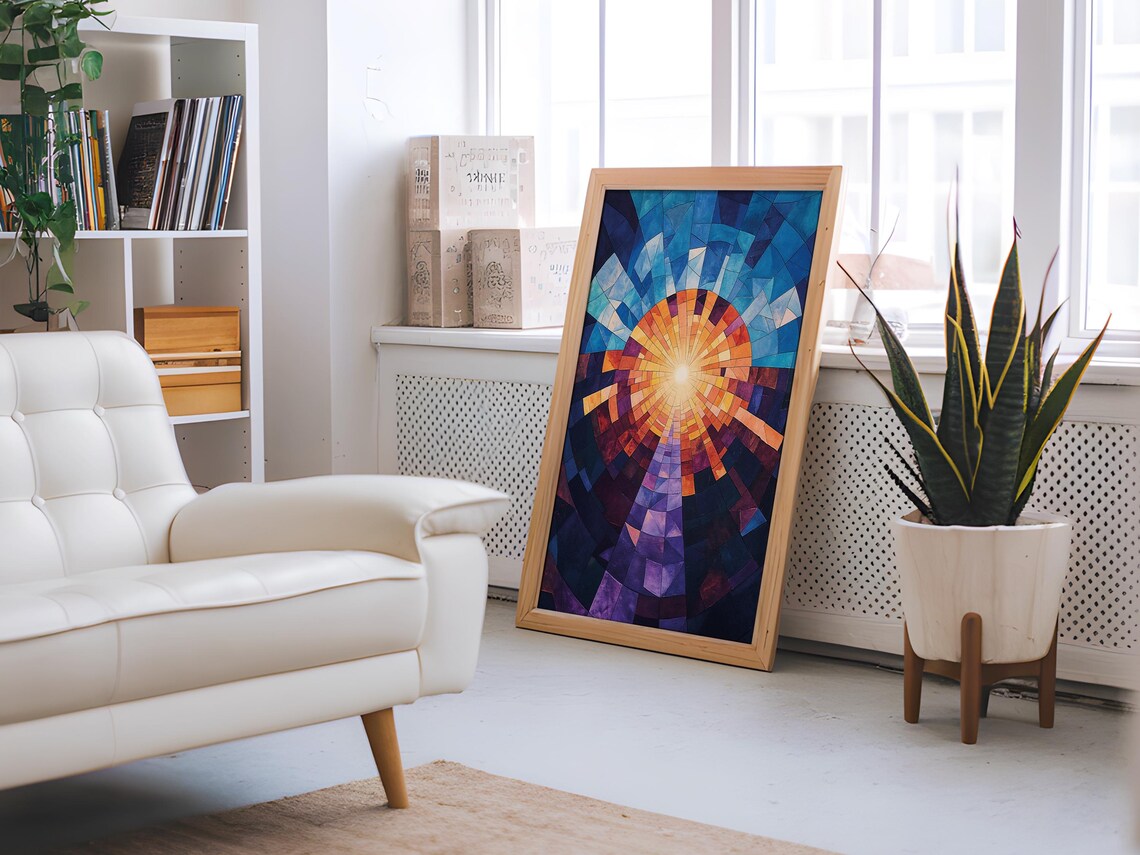 Mosaic Sun Geometric Abstract Blue Orange Stained Glass Art Poster - Image 3
