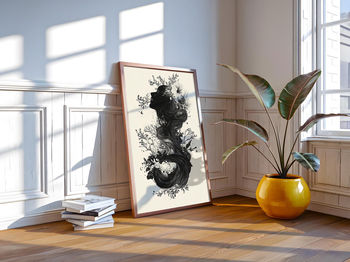 Black White Woman Silhouette Floral Hair Ethereal Nature Art Poster - Image 3
