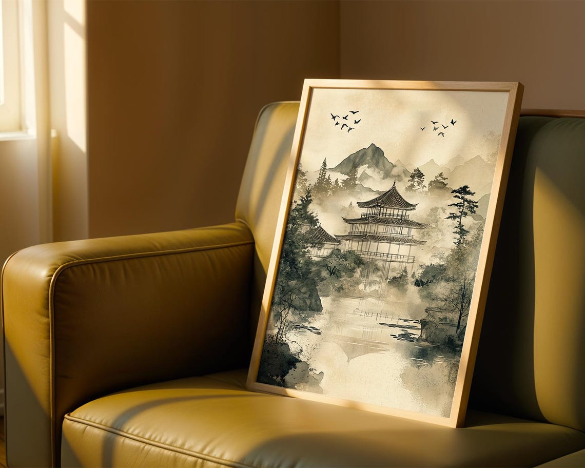 Japanese Pagoda Misty Mountain Ink Wash Temple Landscape Poster - Image 2