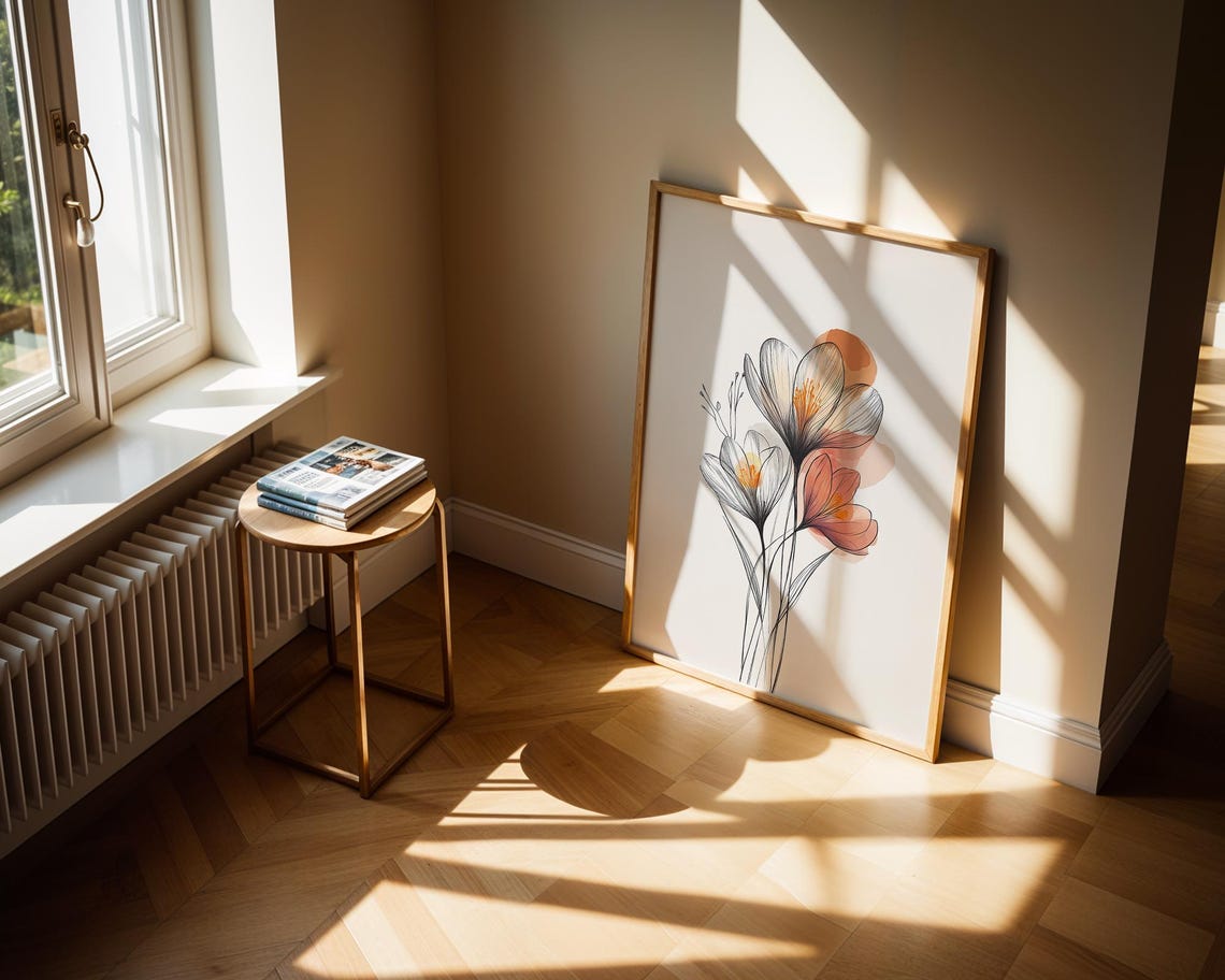 Minimalist Floral Line Art with Soft Watercolor Bloom Wash Poster - Image 2