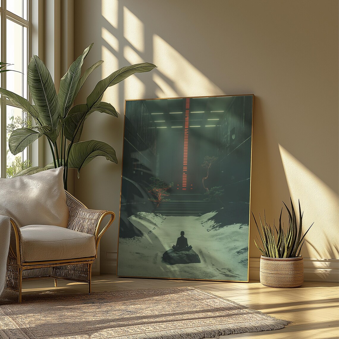Meditating Figure Urban Zen Alley Neon Red Light Calm Mindful Poster - Image 2