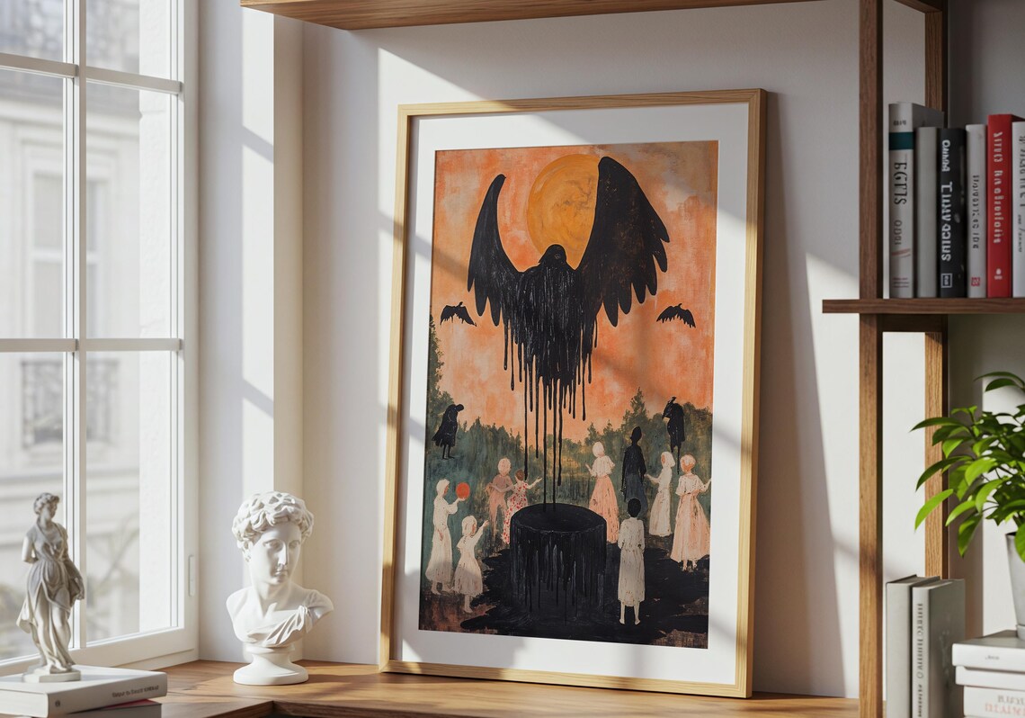 Gothic Folk Midnight Ritual Children Black Winged Spirit Orange Moon Wall Art - Image 3