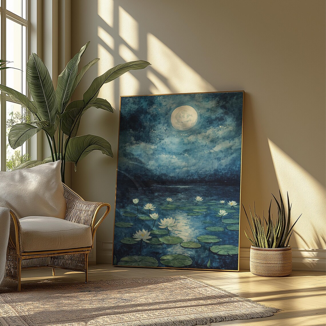 Moonlit Water Lily Lake Art Print Full Moon Night Lotus Painting - Image 3