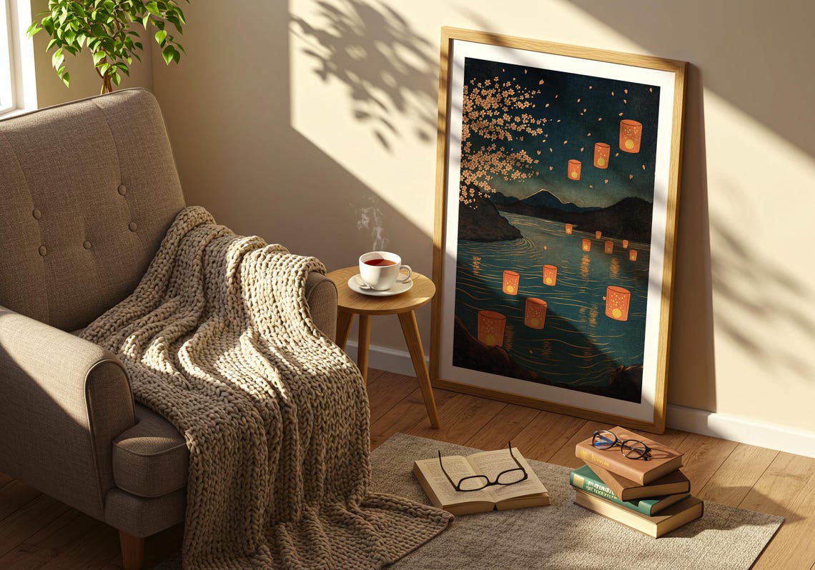 Cherry Blossom Lanterns Art Print Serene Twilight River Scene Japanese Tranquil Night Wall - Image 3
