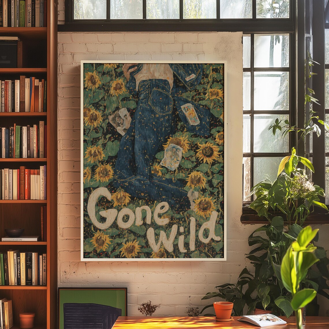 Gone Wild Sunflower Field Denim Girl Vintage Botanical Text Retro Wall Art - Image 4