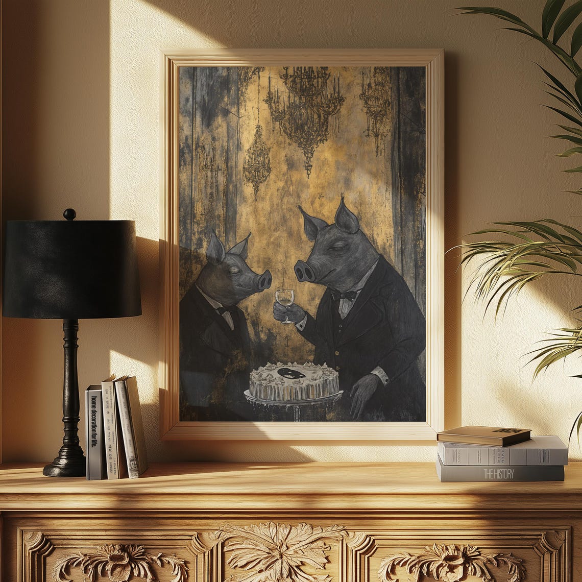 Gentleman Pigs Toasting Wine Suit Cake Gold Vintage Whimsy Poster