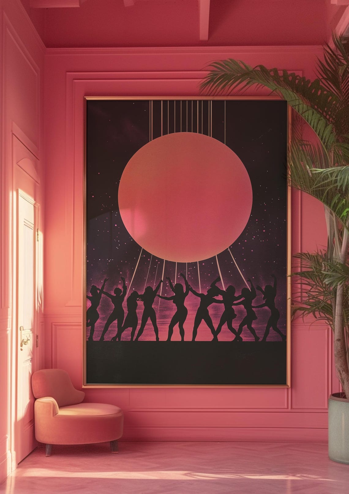 Dancing Silhouettes Giant Pink Sun Starry Night Party Wall Poster - Image 2