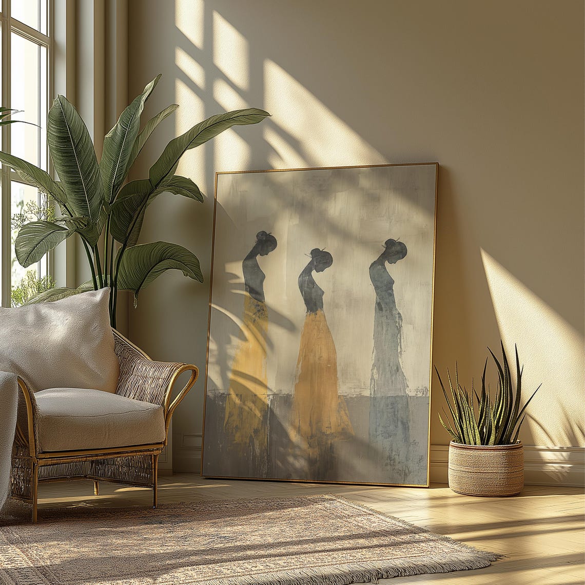Three Elegant Female Silhouettes in Gold and Grey Minimal Art Poster - Image 3