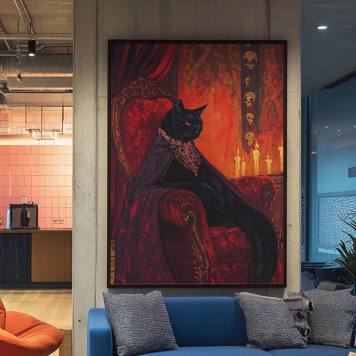 Regal Black Cat on Red Velvet Throne Dark Baroque Royal Pet Portrait Wall Art - Image 4