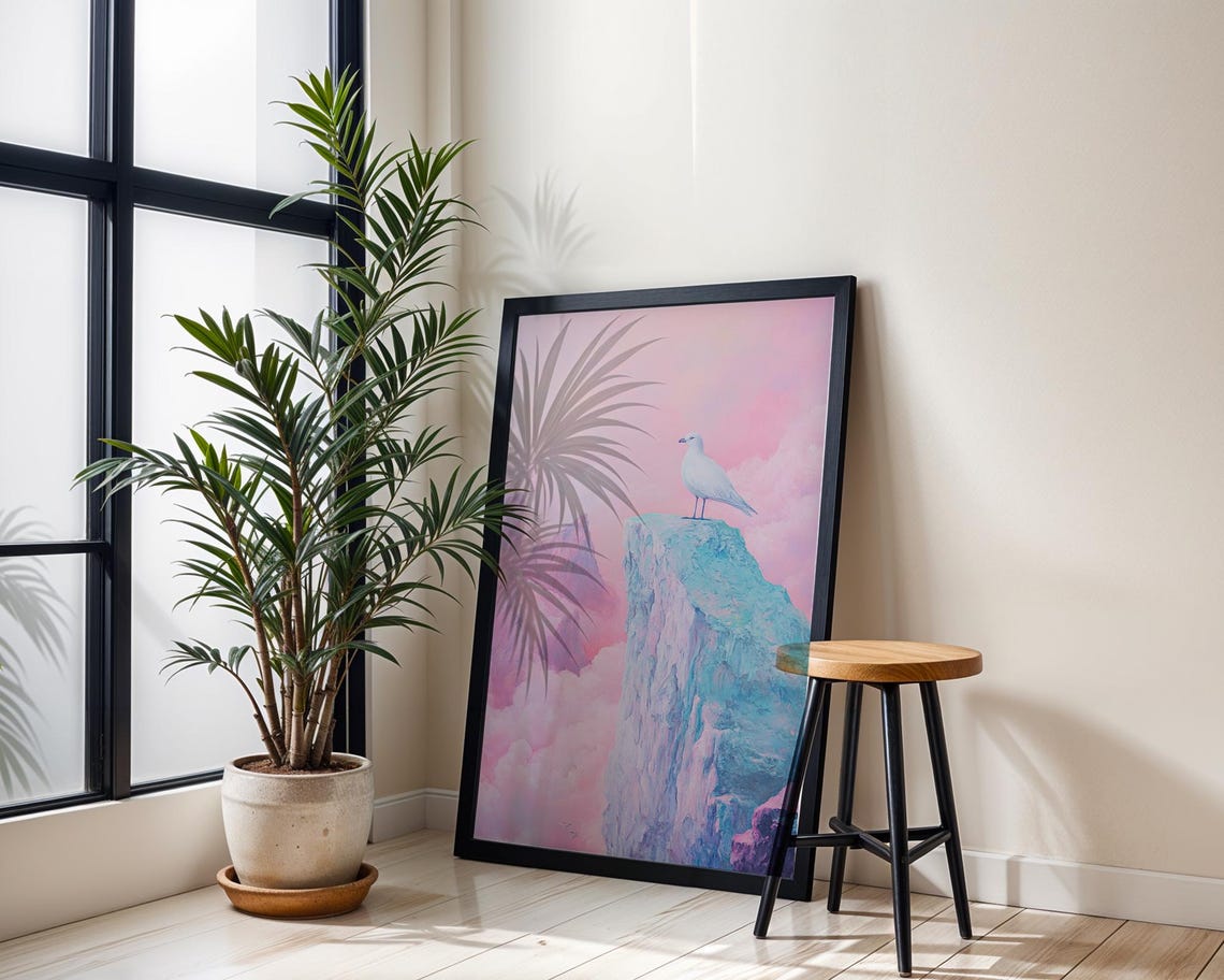 White Seagull Icy Cliff Pink Sky Serene Bird Art Wall Poster - Image 5