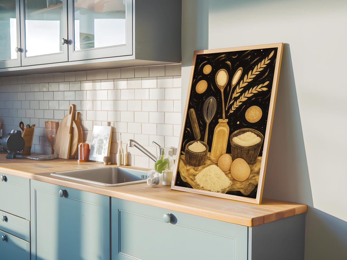 Golden Wheat Flour Baking Still Life on Black Kitchen Art Poster - Image 2