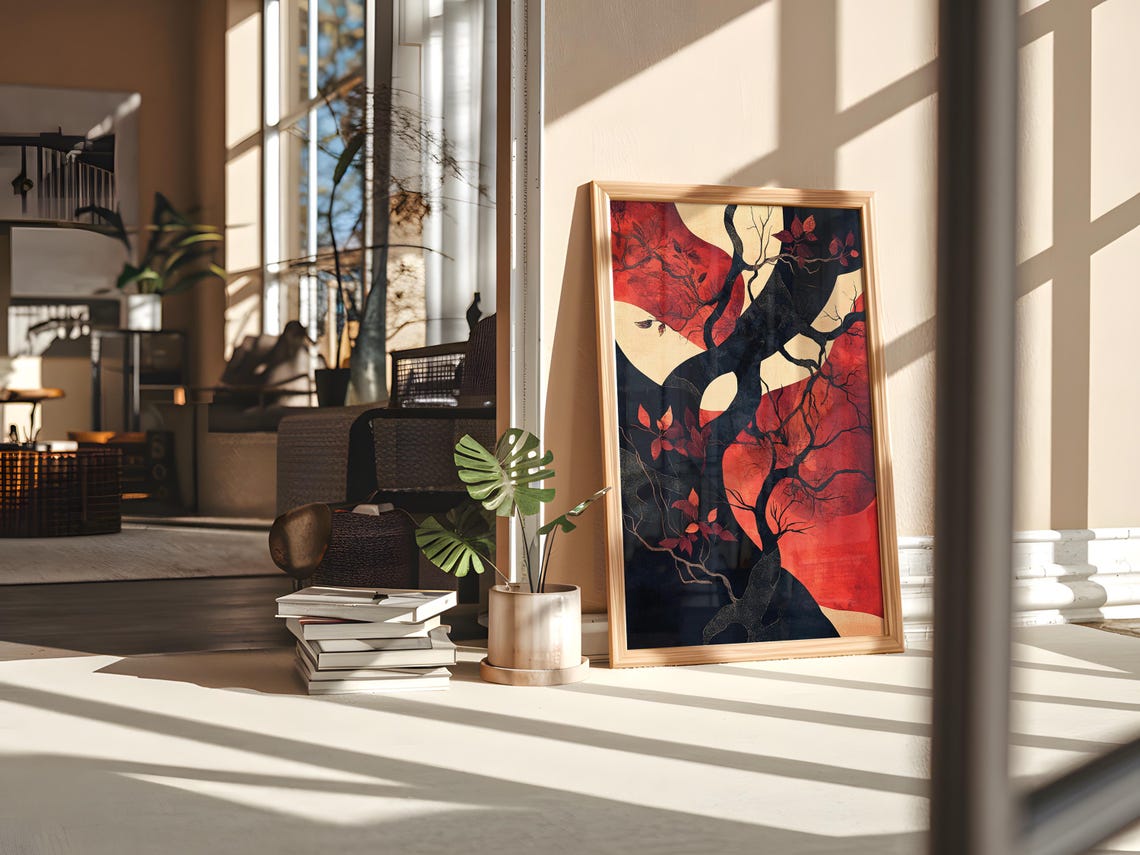 Red Moon Dark Tree Abstract Art Print Crimson Botanical Painting - Image 5
