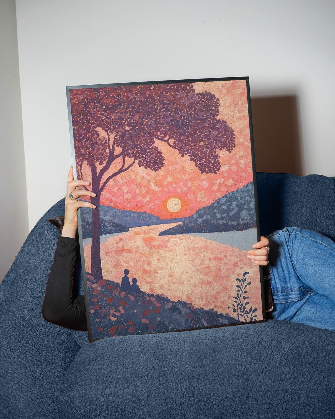 Romantic Sunset River Valley Art Print Couple Under Tree Dotted