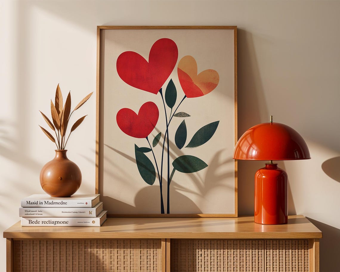Red and Orange Heart Flower Blooms in a Modern Botanical Poster