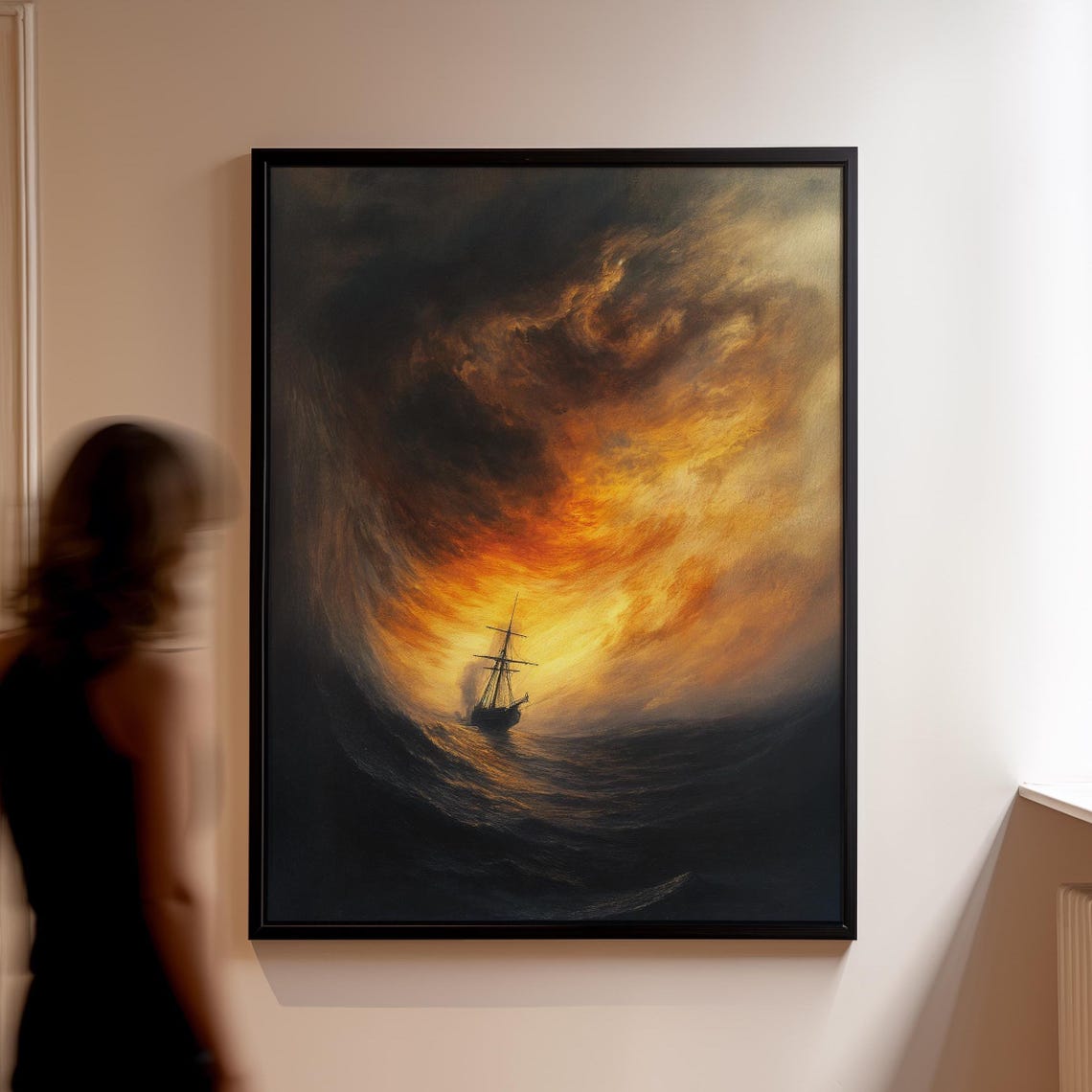 Tall Ship Sailing Through a Fiery Stormy Ocean at Dusk Poster