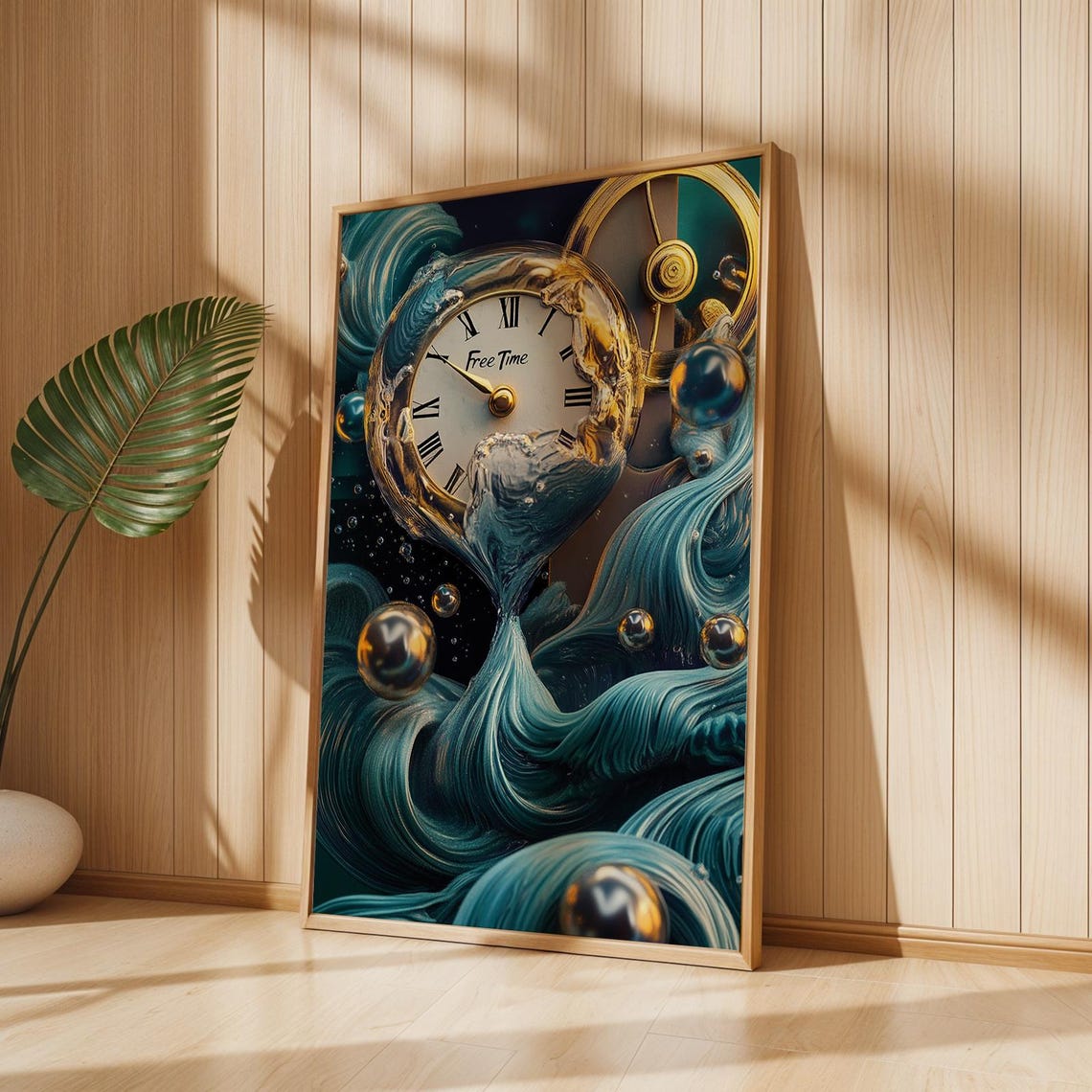 Surreal Melting Clock with Free Time Dial in Teal and Gold Poster - Image 5