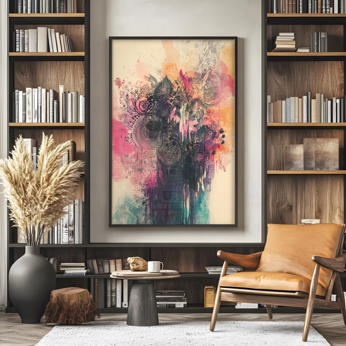 Moody Dark Rose Abstract Art Print Watercolor Floral Pink Teal - Image 4