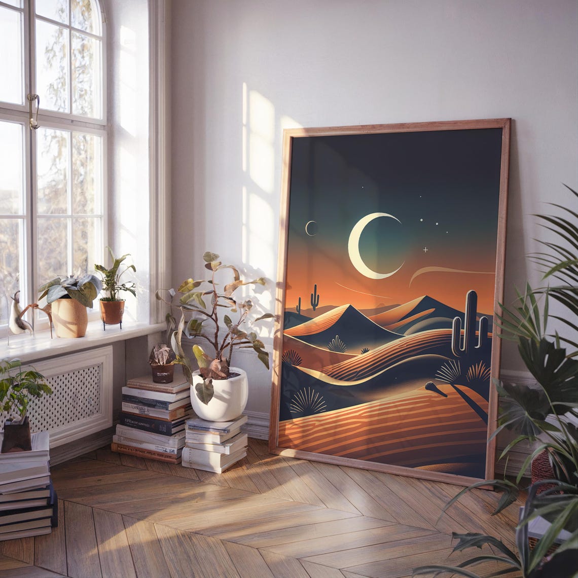 Crescent Moon Striped Dunes Desert Night Stylized Art Poster - Image 3