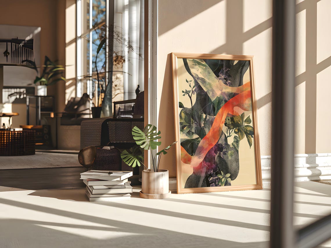 Ethereal Botanical Dark Foliage Orange Ribbon Modern Nature Art Poster - Image 2