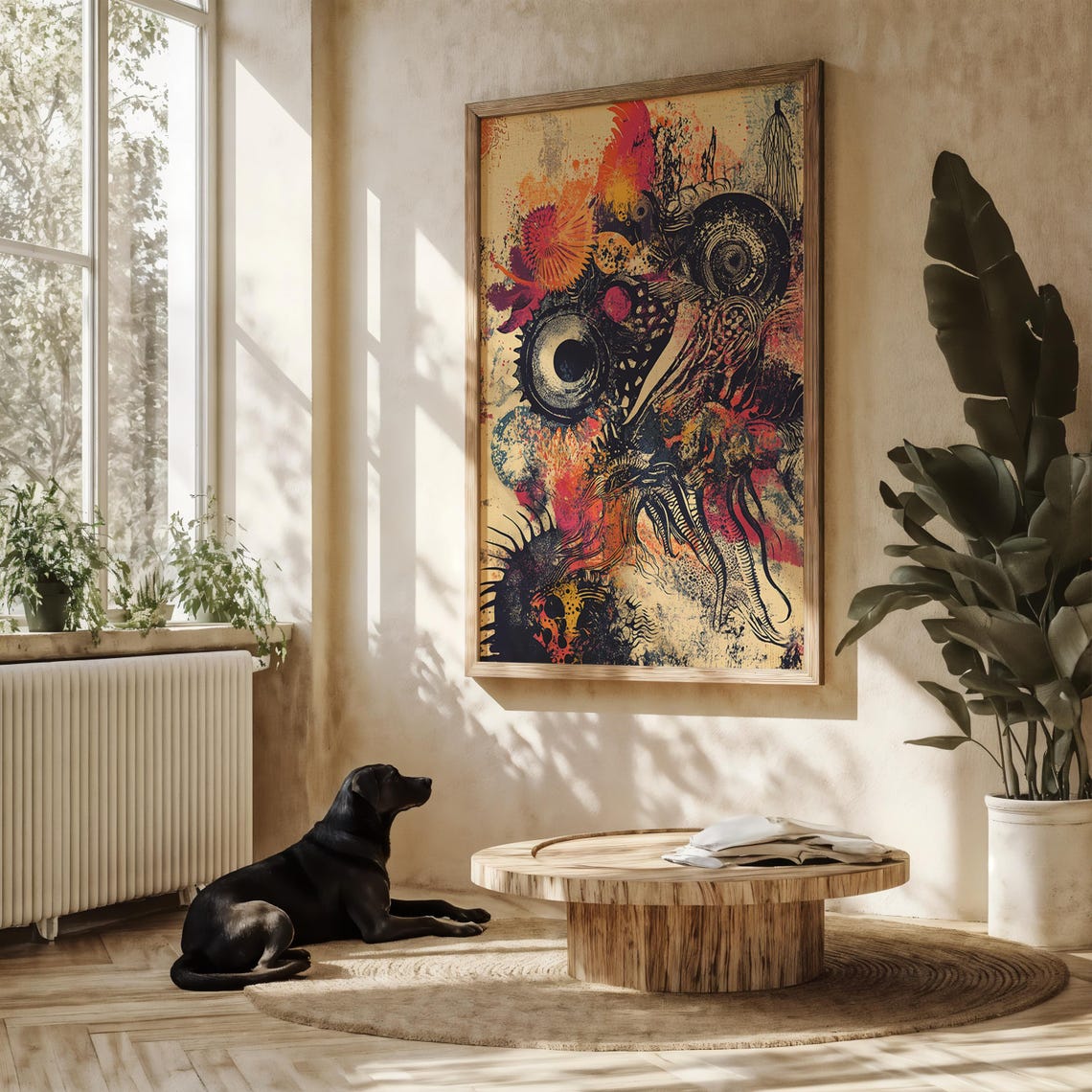Surreal Grunge Eye Collage Art Poster Coral Black Modern Decor - Image 5