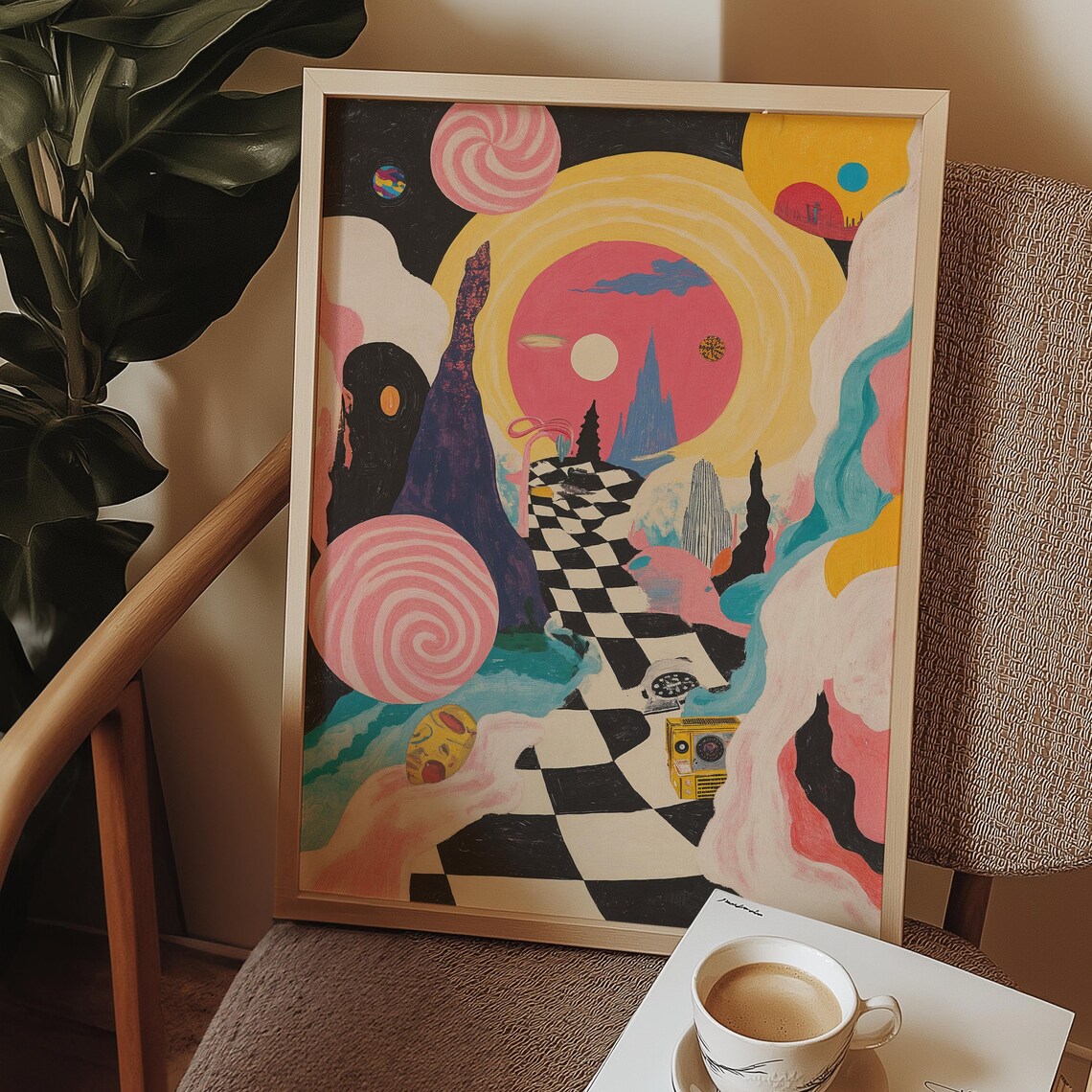 Candy Planet Checkered Road Swirling Pink Sun Psychedelic Dreamland Wall Art - Image 3