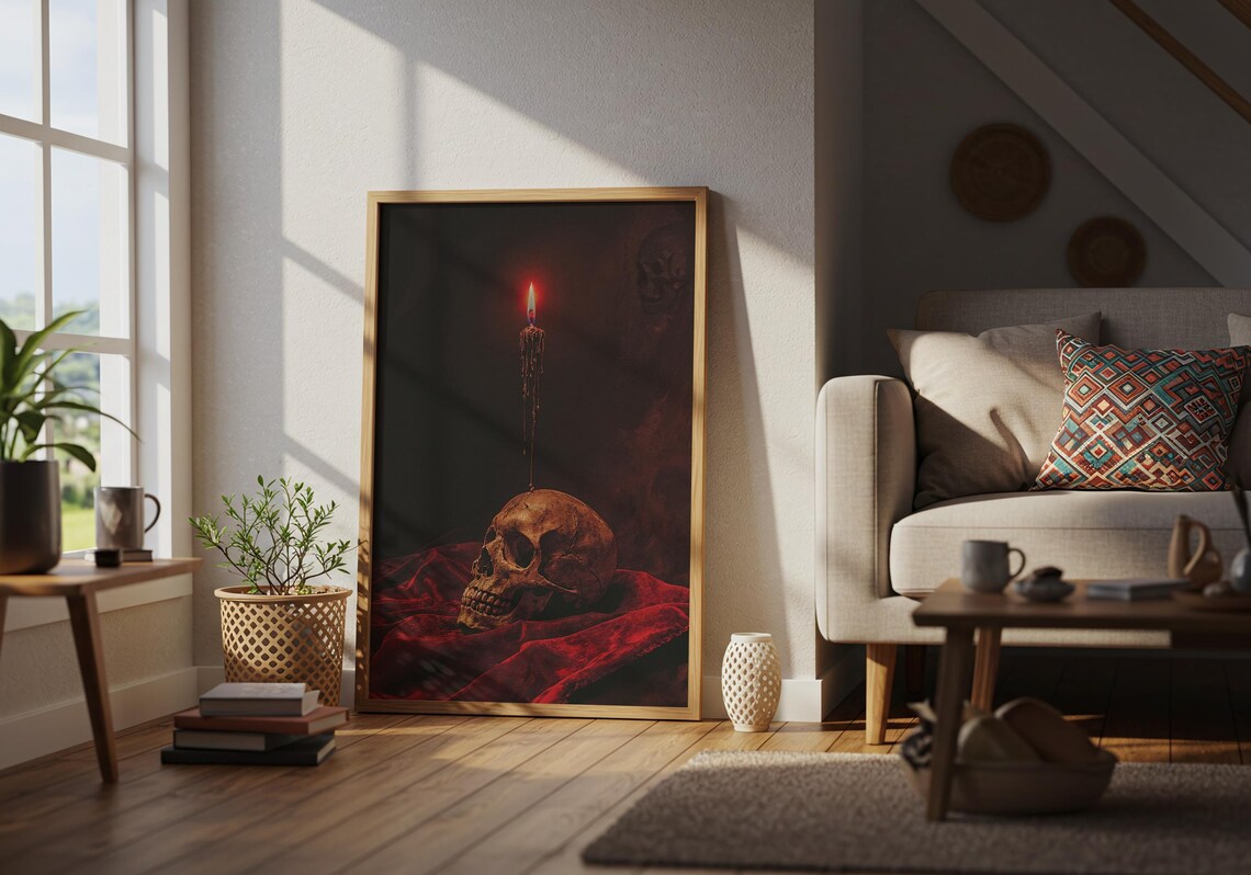 Gothic Skull with Burning Candle on Dark Red Velvet Memento Mori Poster - Image 4