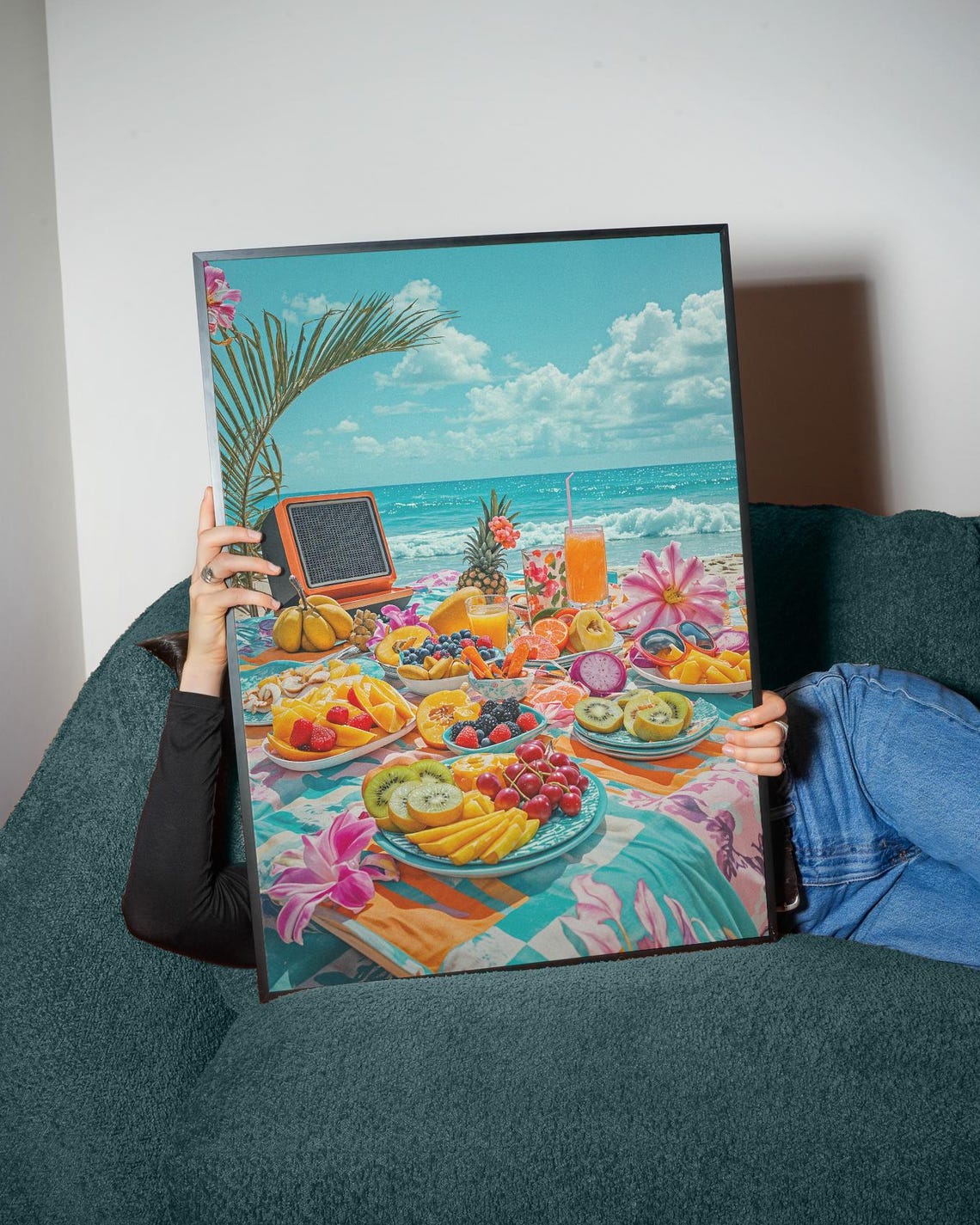 Tropical Beach Picnic Fruit Feast Retro Boombox Summer Art Poster