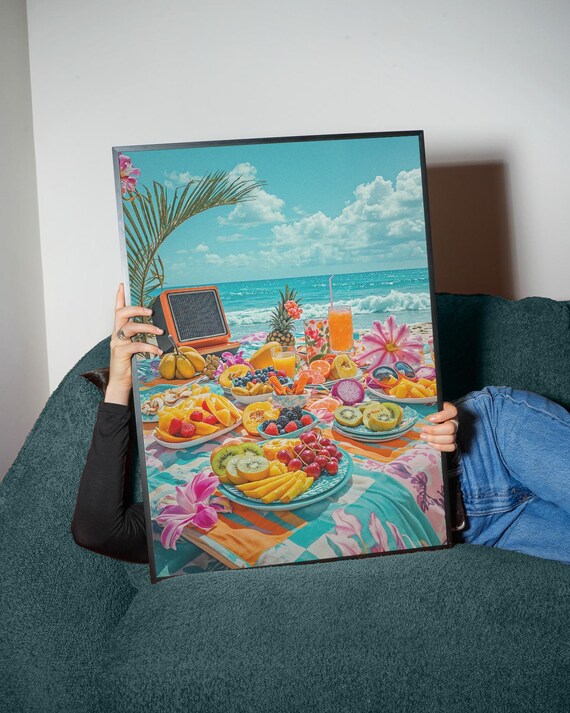 Tropical Beach Picnic Art Print Vibrant Summer Fruit Poster Oceanfront Brunch Wall