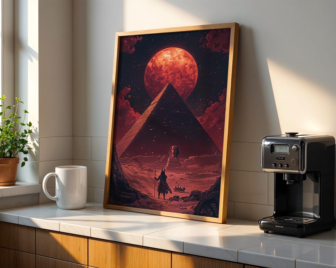 Blood Moon Pyramid Night Desert Anubis Figure Egypt Mythology Poster - Image 4