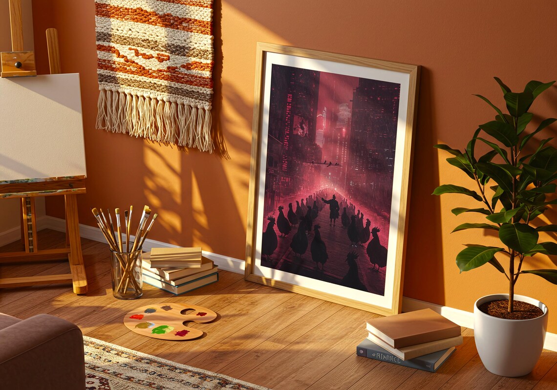 Urban Noir Rooster Parade Dark Red Cyberpunk Street Surreal Poster - Image 4