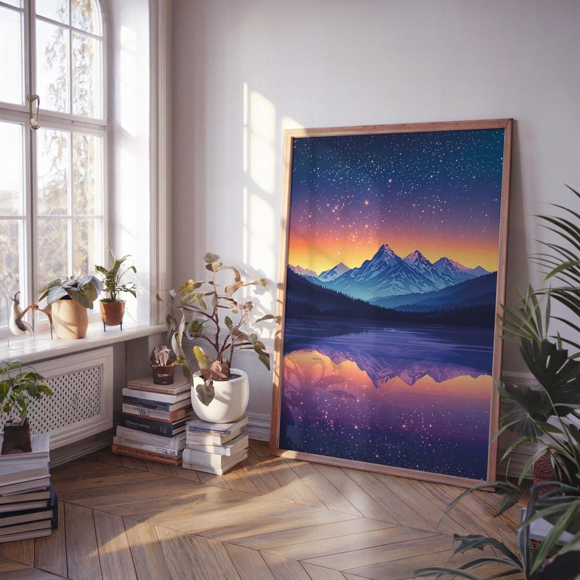 Starry Night Mountain Lake Sunset Reflection Landscape Poster - Image 4