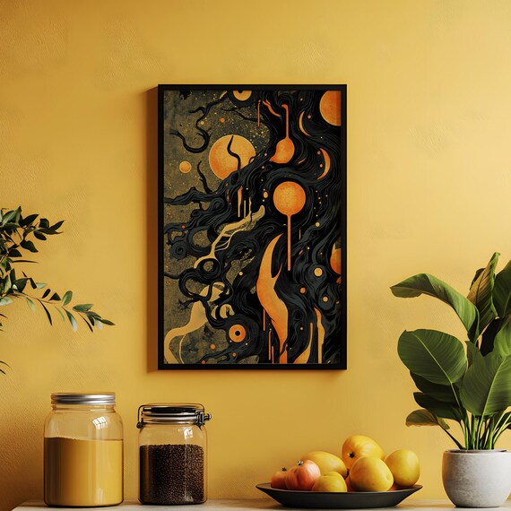 Mystic Suns Celestial Night Dripping Gold Orbs Dark Cosmic Art Poster