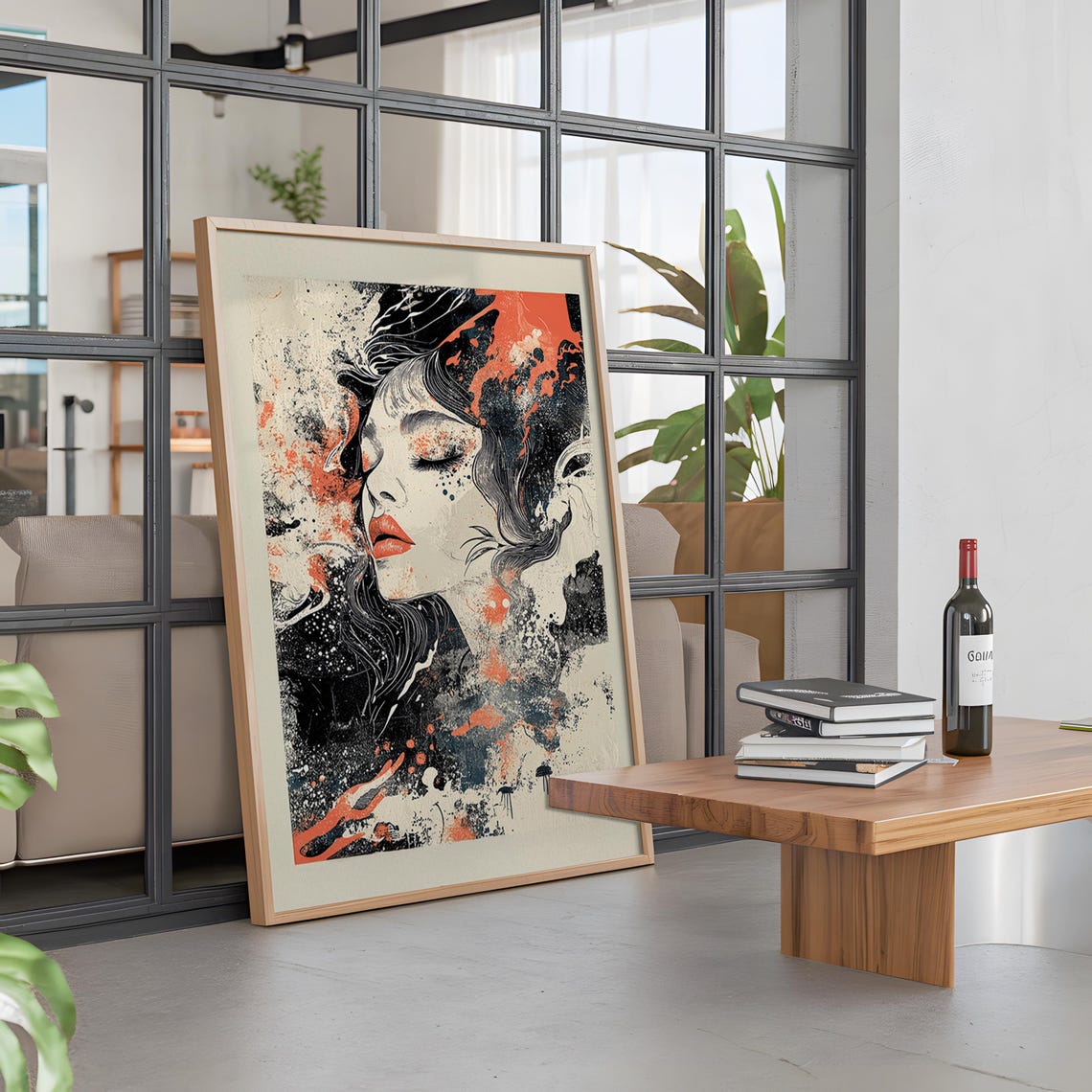 Dreamy Expressive Woman Portrait Coral Ink Splash Art Wall Poster - Image 2