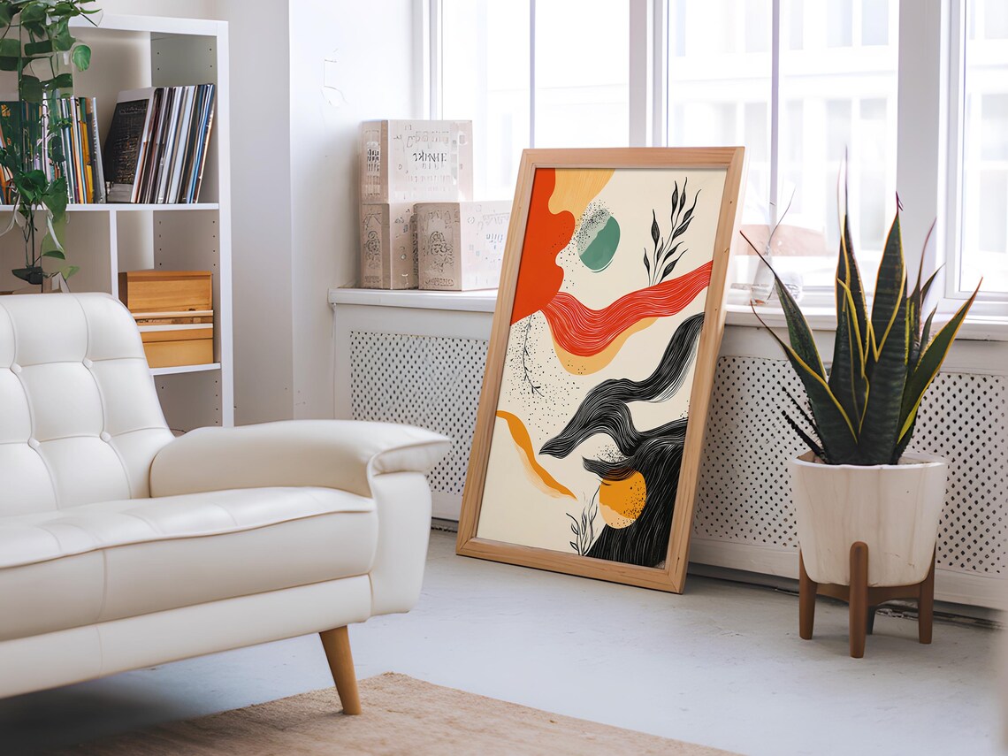 Colorful Wavy Ribbon Abstract Art Print Red Orange Black Painting - Image 2