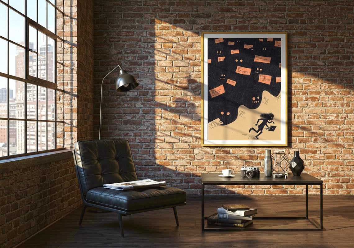 Overwhelmed Work Anxiety Monster Swarm Funny Laptop Runner Art Poster - Image 2