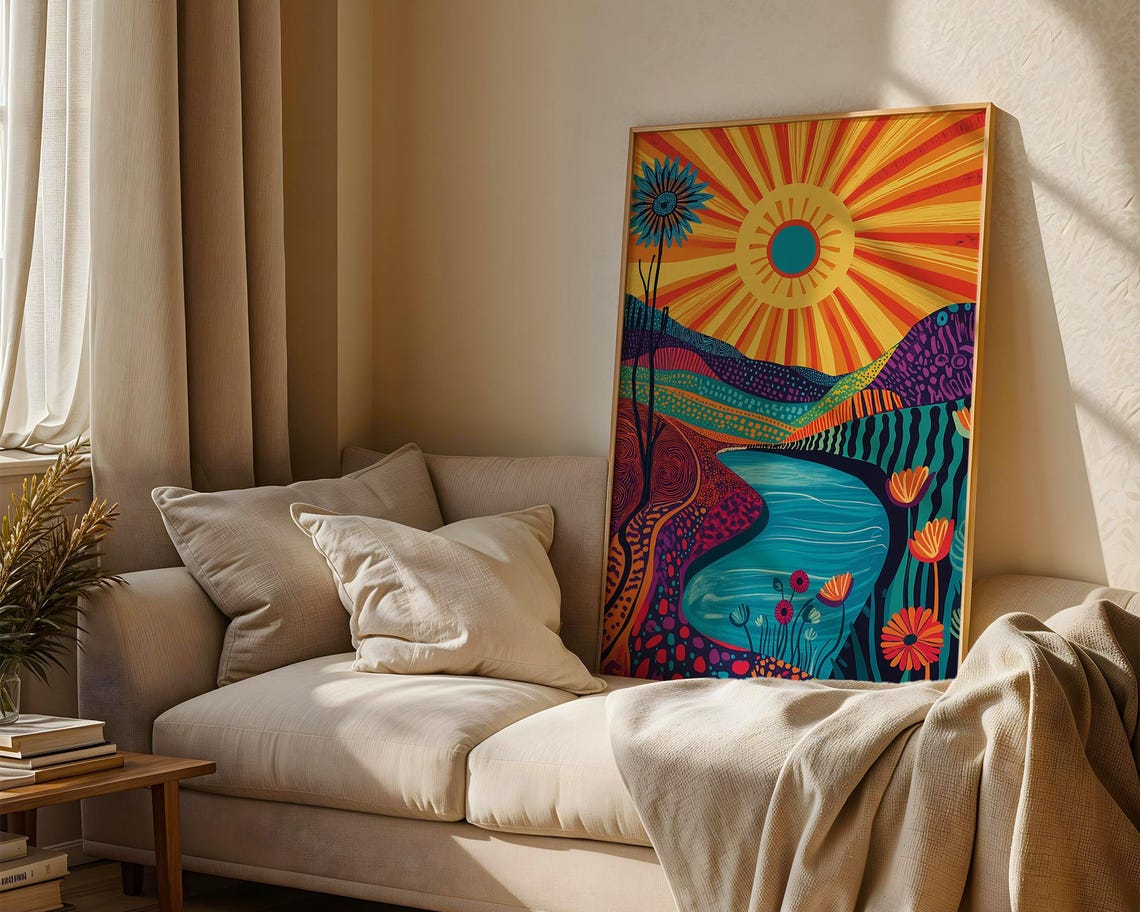 Boho Sunburst Lake Landscape Patterned Hills Colorful Folk Art Poster - Image 4