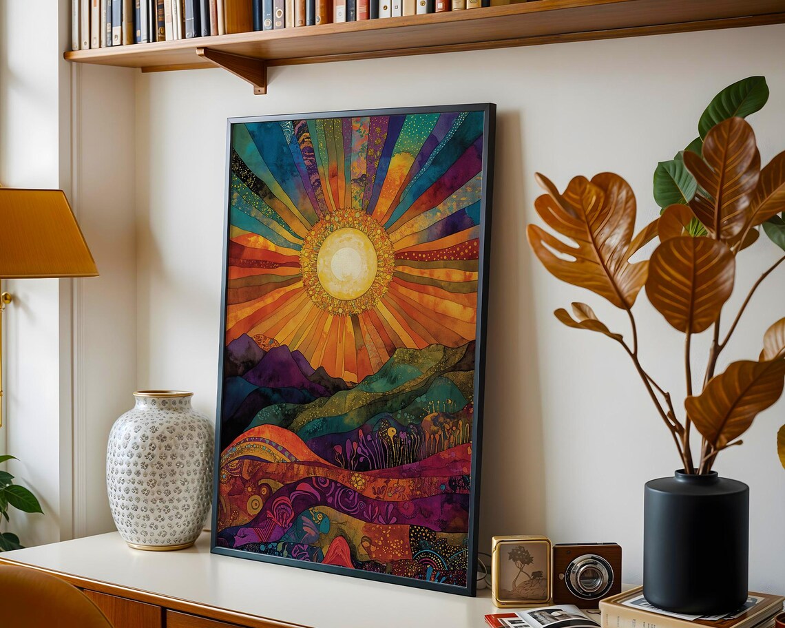 Boho Sun Art Print, Colorful Sunset Mountains - Image 4