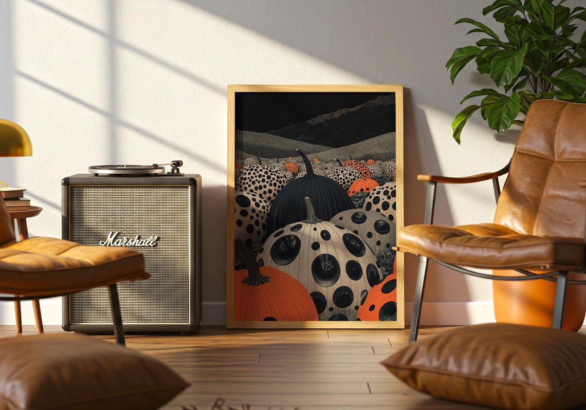 Polka Dot Pumpkins Field Moonlit Hills Spooky Fall Harvest Art Poster - Image 4