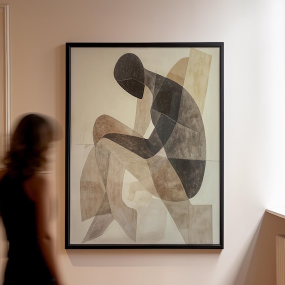 Cubist Figure In Thought Art Print Abstract Neutral Tones Geometric Form Modern Minimal Wall Decor