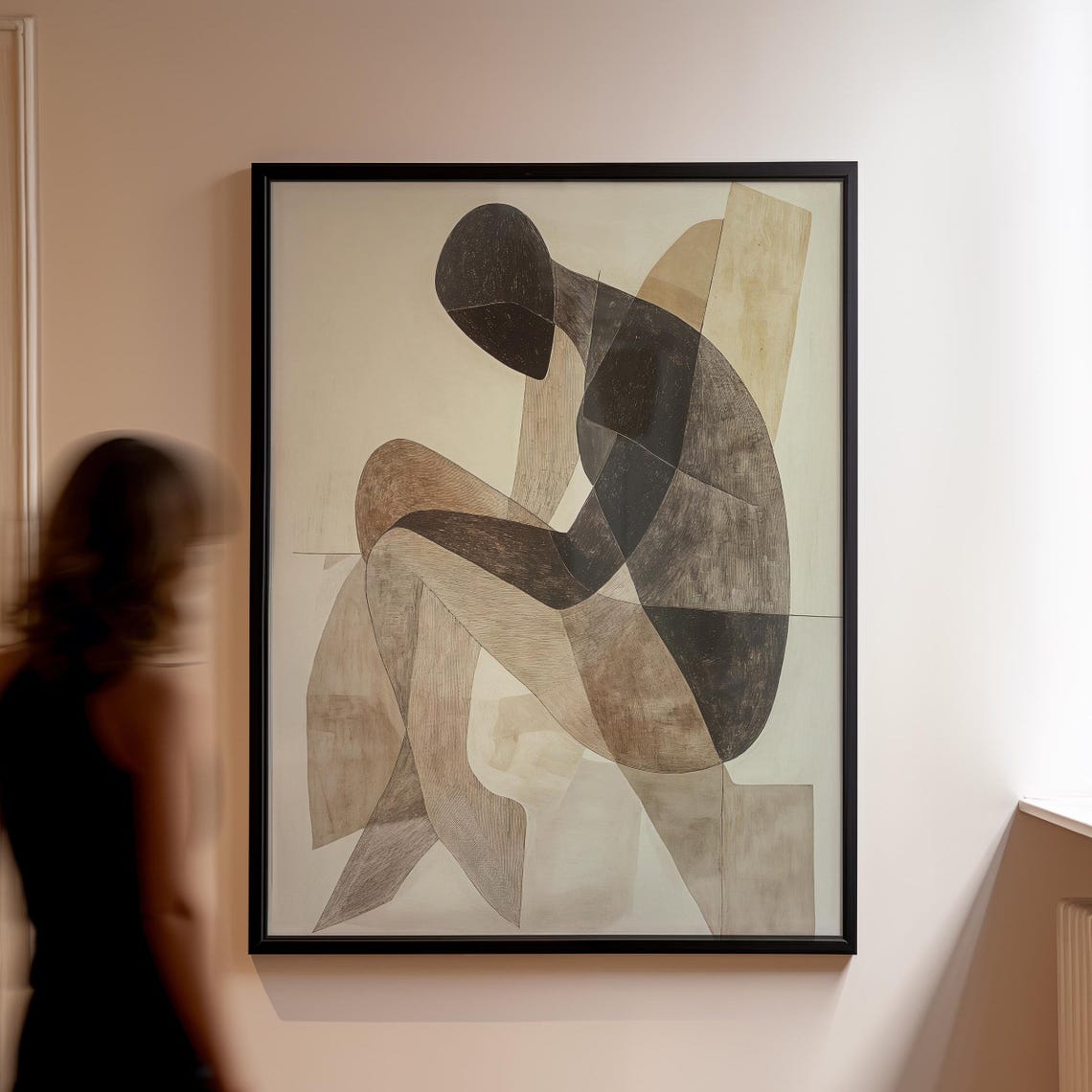 Cubist Figure In Thought Neutral Beige Abstract Seated Form Art Poster