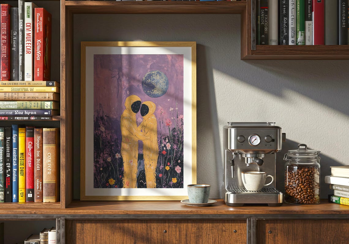 Astronaut Lovers Embracing in a Flower Field Under a Big Moon Poster - Image 4