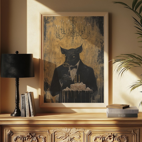 Gothic Pig Gentleman Tuxedo Monocle Cake Gold Vintage Dark Poster