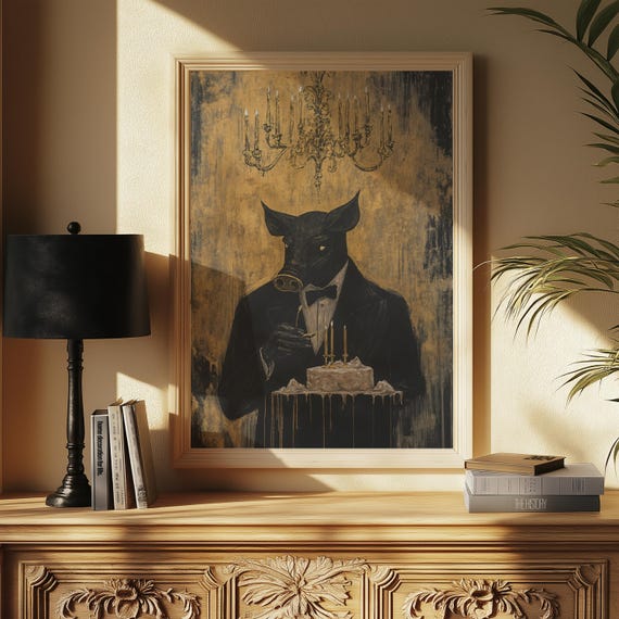 Gothic Pig Portrait Art Print Surreal Anthropomorphic Elegantly Dark Wall Decor