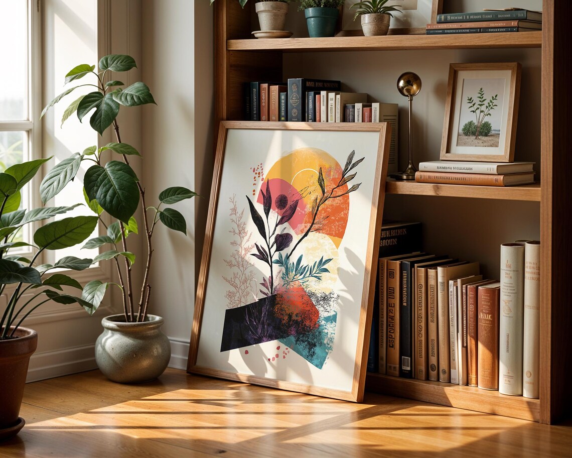 Colorful Sunrise Botanical Abstract Art Print Dark Foliage Branches - Image 2