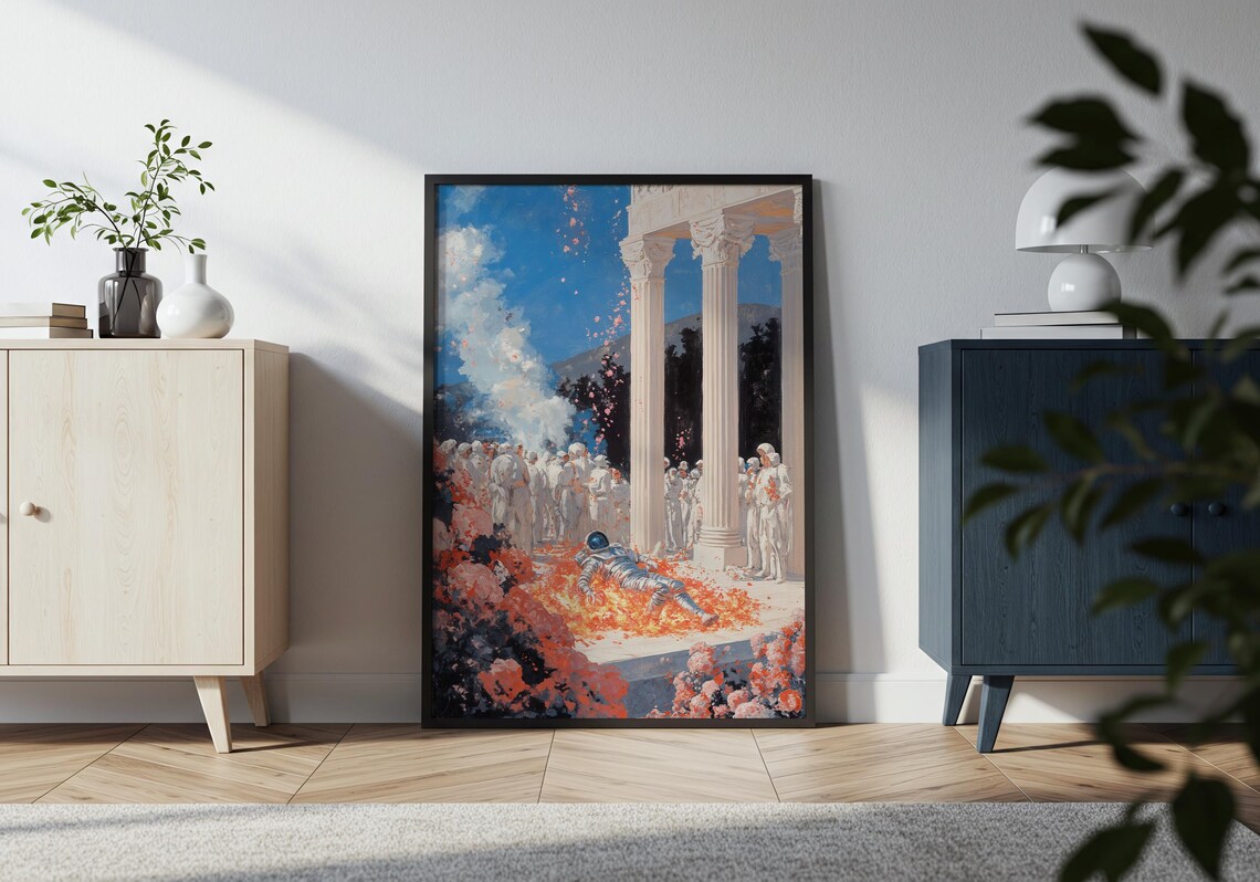 Astronaut Ritual Surreal Ceremony Burning Flowers Mythic Painting Poster - Image 4