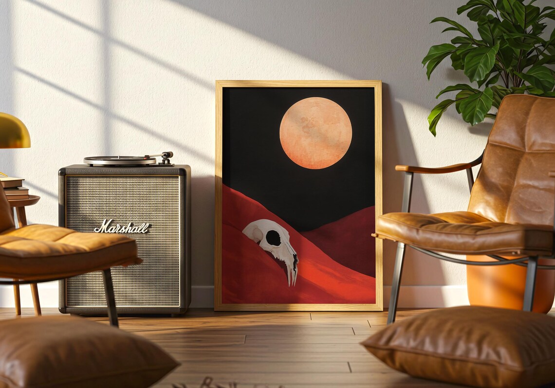 Animal Skull Resting in Red Desert Dunes Under a Huge Orange Moon Poster - Image 5