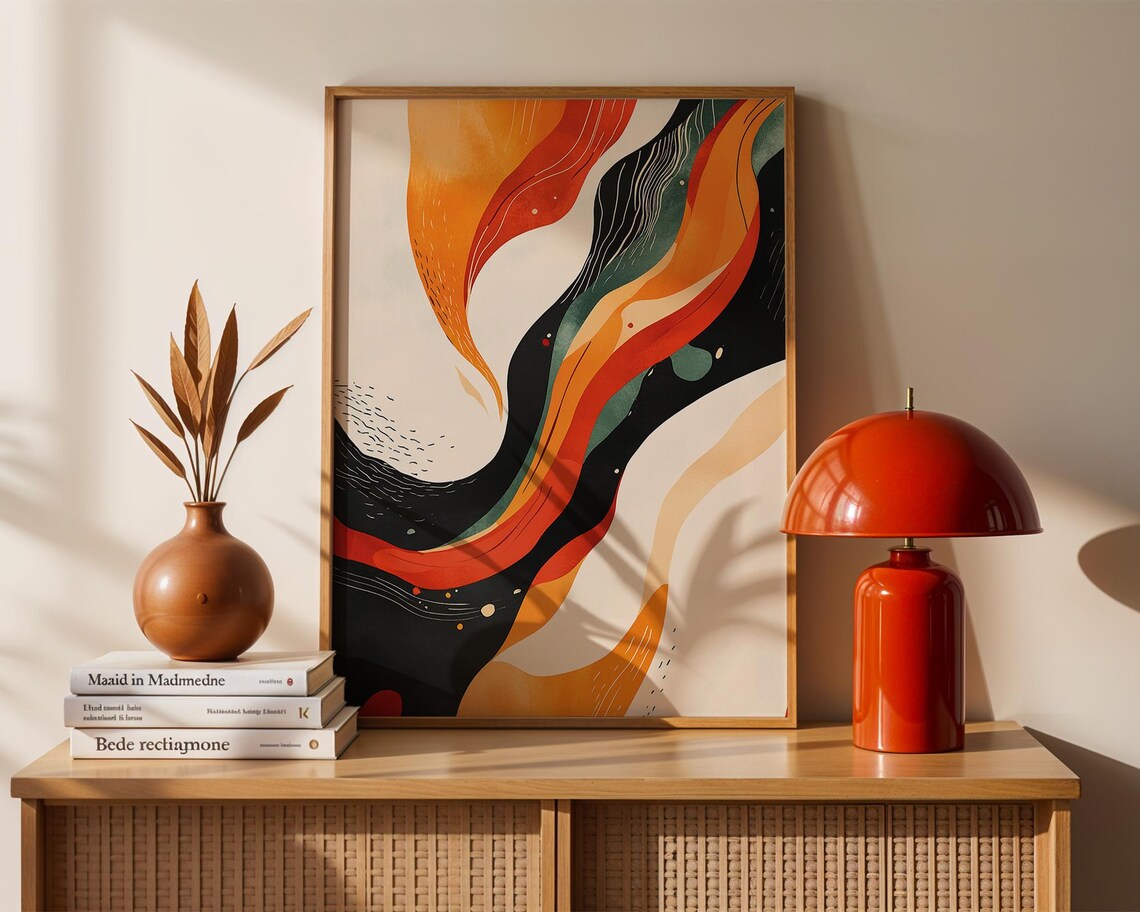 Modern Abstract Flow Warm Orange Ribbons Black Cream Boho Art Poster