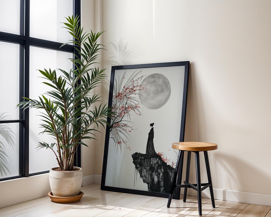 Japanese Moon Samurai Woman Art Print, Zen Minimalist - Image 5