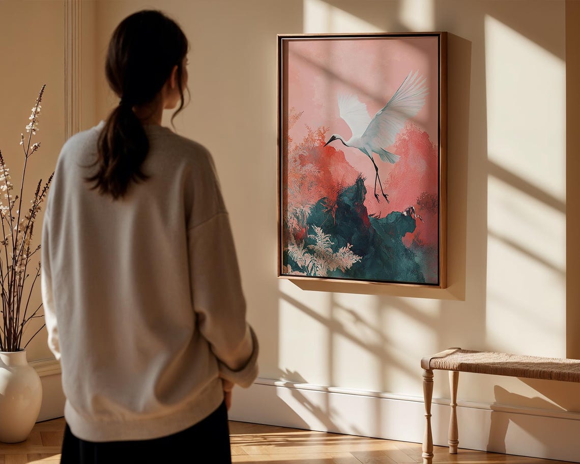 White Crane Flight Pink Watercolor Elegant Bird Art Wall Poster - Image 3
