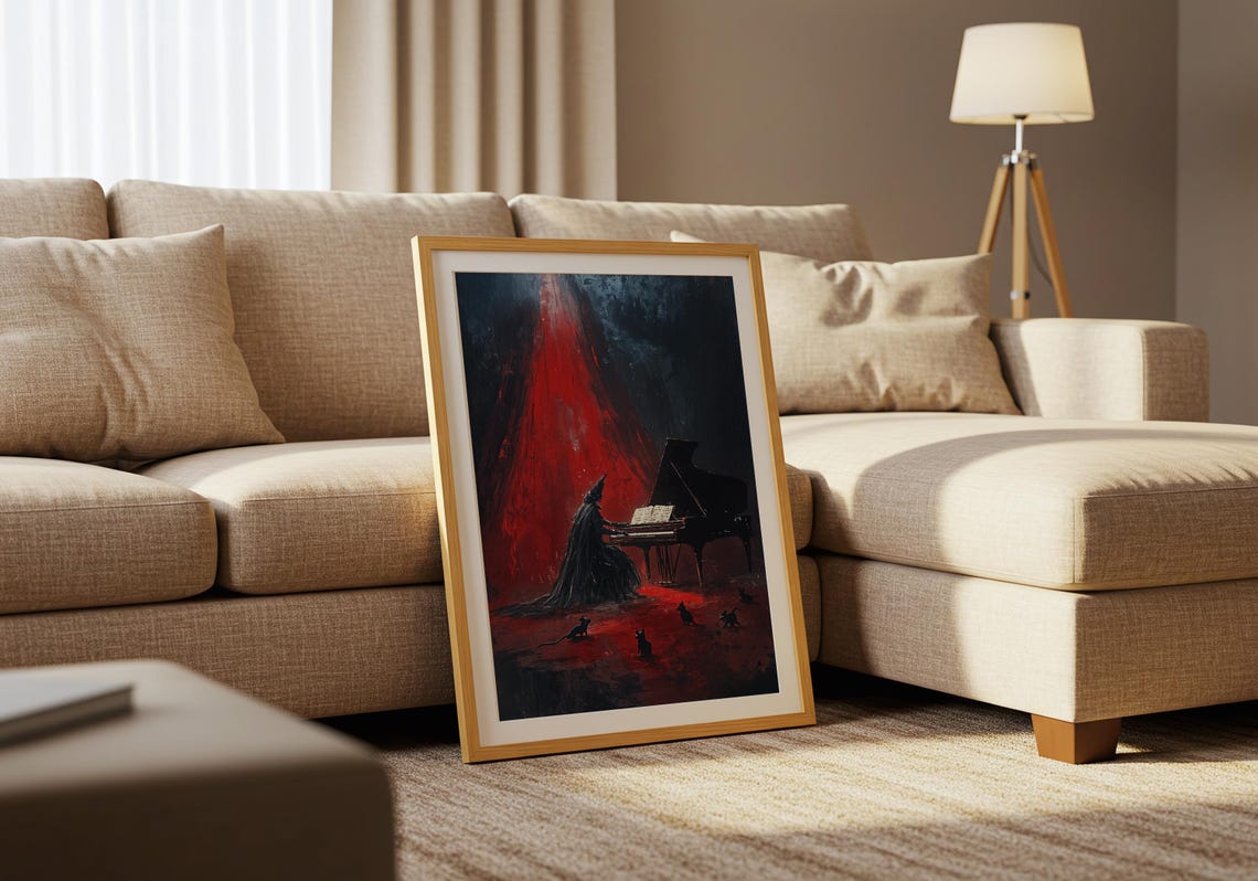 Gothic Pianist Cats Red Stage Dark Surreal Witchy Wall Poster - Image 3